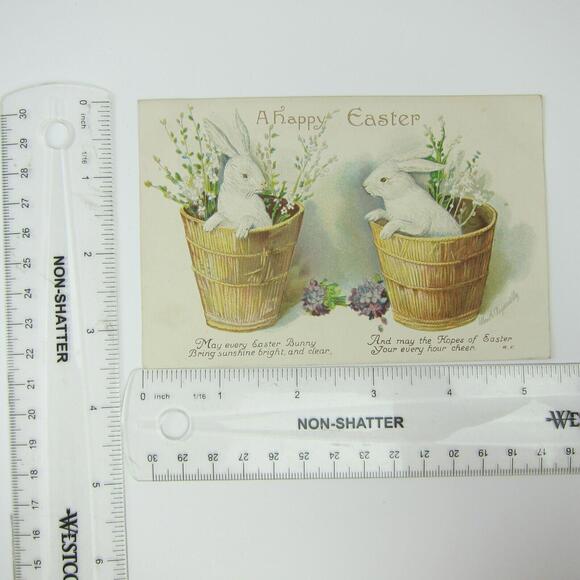 Easter Postcard Two White Rabbits in Baskets Purple Flowers Embossed Antique - Picture 12 of 12